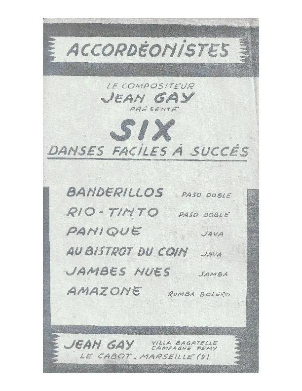 télécharger la partition d'accordéon Accordéonistes : Recueil 6 Danses faciles à succès (Banderillos + Rio Tinto + Panique + Au bistrot du coin + Jambes nues + Amazone) au format PDF