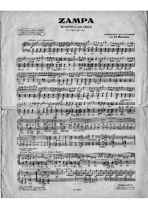 télécharger la partition d'accordéon Zampa (Ouverture) (Arrangement Henri Rawson) au format PDF