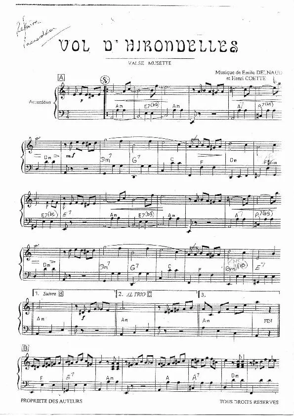télécharger la partition d'accordéon Vol d'hirondelles (Valse Musette) au format PDF