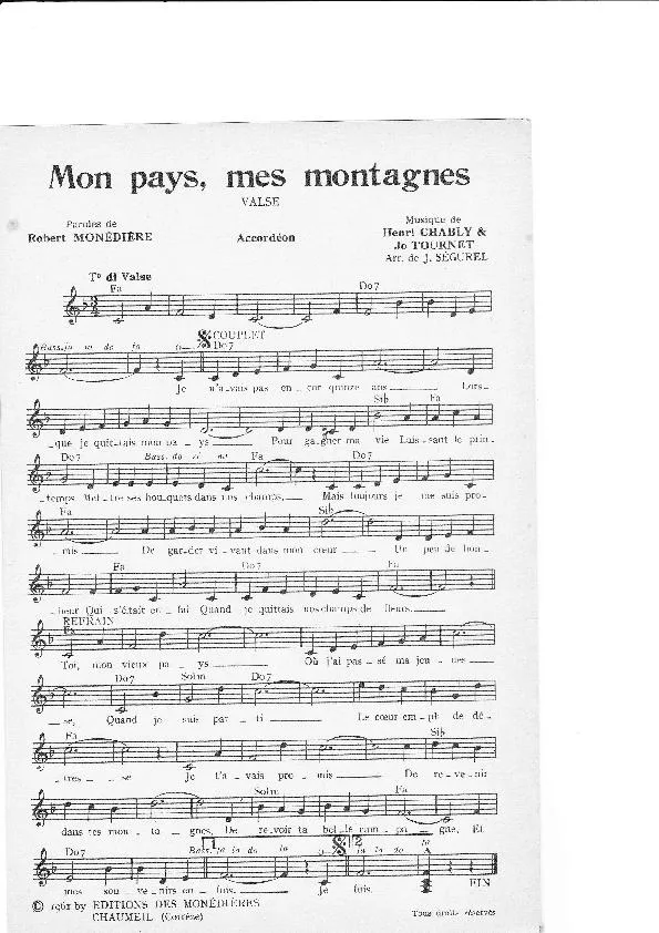 télécharger la partition d'accordéon Mon pays mes montagnes (Valse) au format PDF