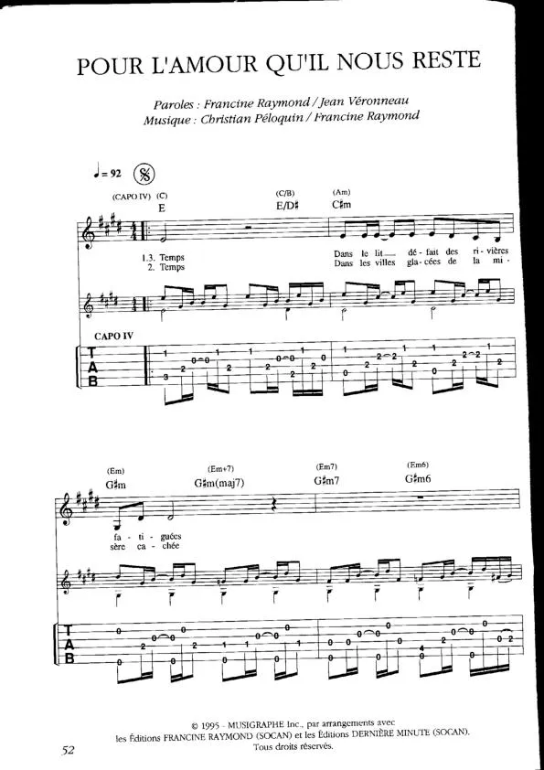 télécharger la partition d'accordéon Pour l'amour qu'il nous reste (Tablature guitare) au format PDF