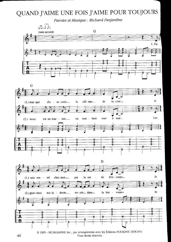 télécharger la partition d'accordéon Quand j'aime une fois j'aime pour toujours (Tablature guitare) au format PDF