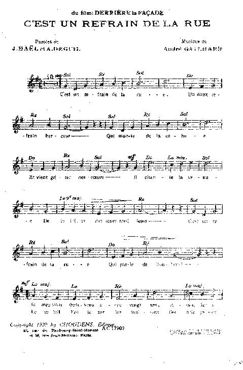 télécharger la partition d'accordéon C'est un refrain de la rue (Du film : Derrière la façade) (Valse) au format PDF
