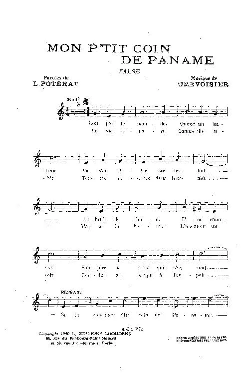 télécharger la partition d'accordéon Mon p'tit coin de Paname (Valse) (Mélodie seulement) au format PDF