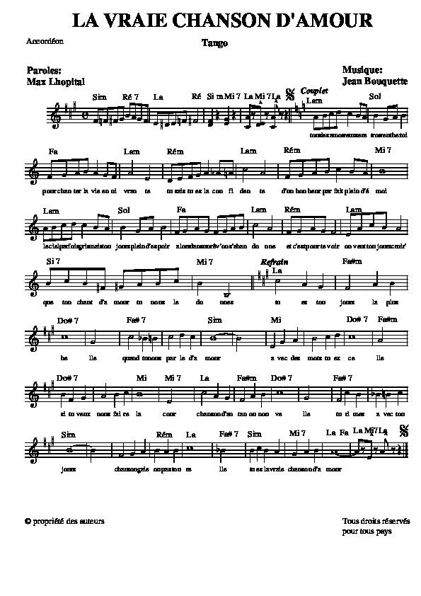télécharger la partition d'accordéon La vraie chanson d'amour (Tango) au format PDF