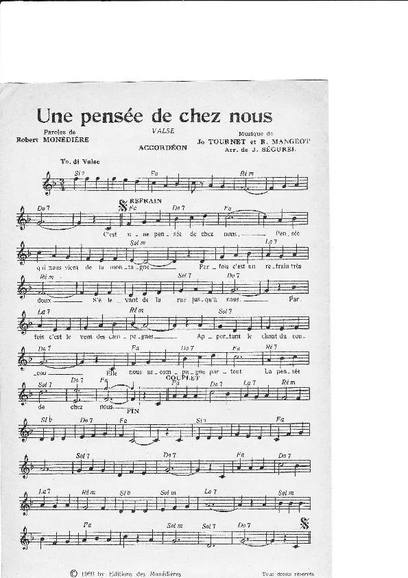 télécharger la partition d'accordéon Une pensée de chez nous (Valse) au format PDF