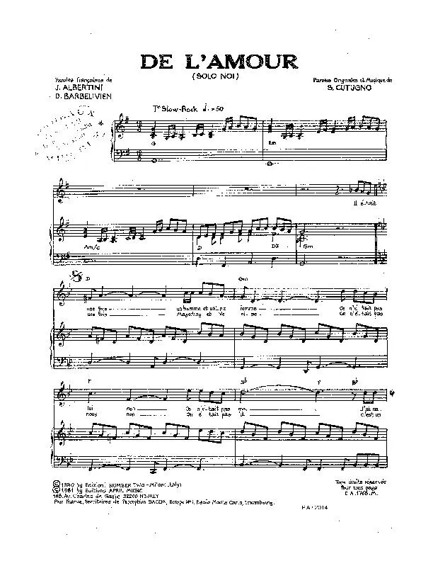 télécharger la partition d'accordéon De l'amour (Solo Noi) (Slow Rock) au format PDF