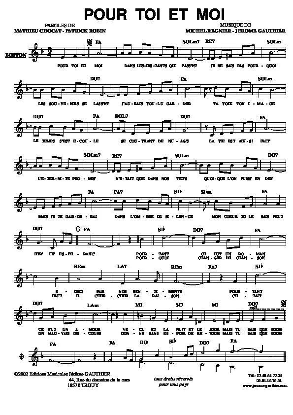 télécharger la partition d'accordéon Pour toi et moi (Boston) au format PDF