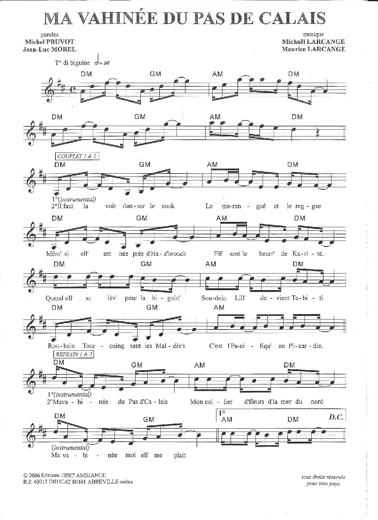 télécharger la partition d'accordéon Ma vahinée du Pas de Calais (Biguine) au format PDF