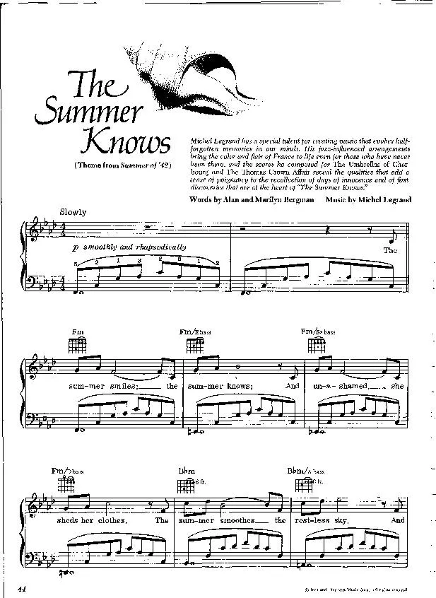 télécharger la partition d'accordéon The summer knows (Theme from Summer of 42 ) (Slow) au format PDF