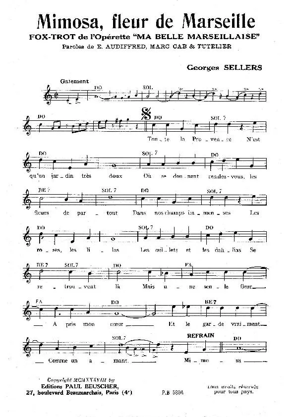 télécharger la partition d'accordéon Mimosa fleur de Marseille (De l'opérette : Ma belle Marseillaise) au format PDF