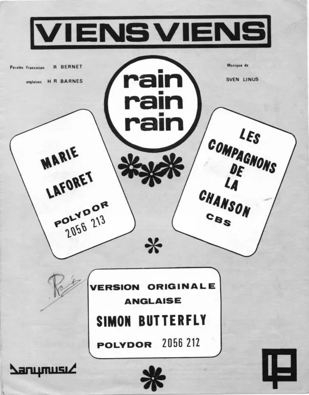 télécharger la partition d'accordéon Viens Viens (Rain Rain Rain) (Chant : Marie Laforêt / Les Compagnons de la Chanson / Simon Butterfly) au format PDF