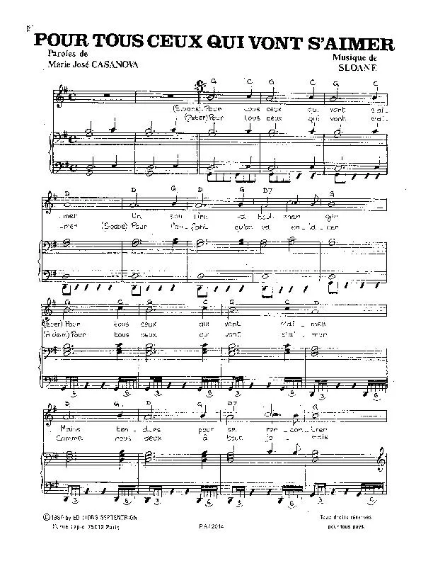 télécharger la partition d'accordéon Pour tous ceux qui vont s'aimer (Chant : Peter et Sloane) au format PDF