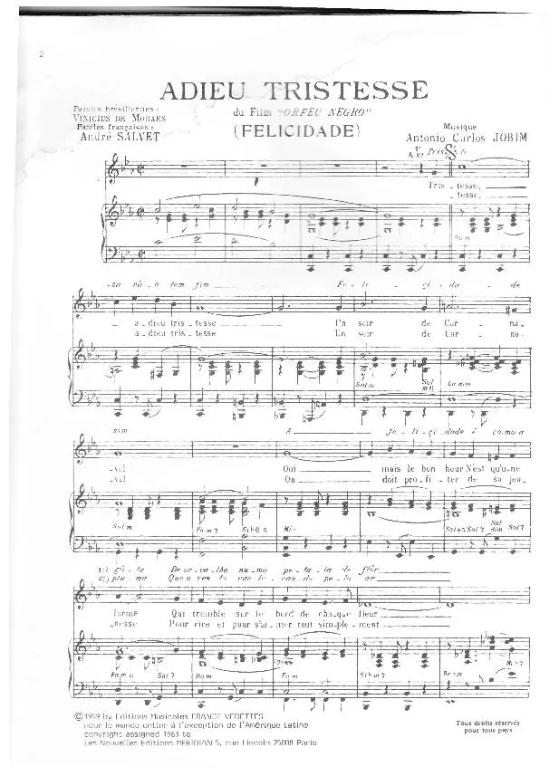 télécharger la partition d'accordéon Adieu Tristesse (Felicidade) (Du film : Orfeu Negro) au format PDF