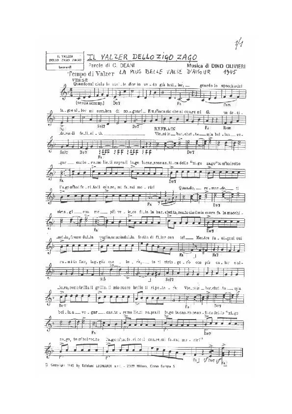 télécharger la partition d'accordéon Il valzer dello zigo zago (La plus belle valse d'amour) au format PDF