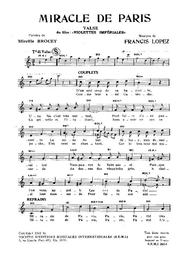télécharger la partition d'accordéon Miracle de Paris (Du film : Violettes Impériales) (Valse Chantée) au format PDF