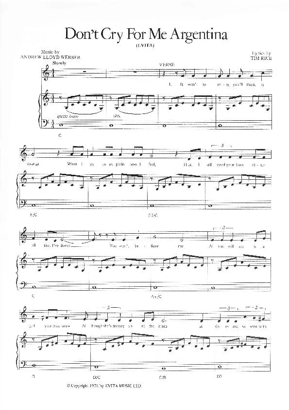 télécharger la partition d'accordéon Don't Cry For Me Argentina (Evita) au format PDF