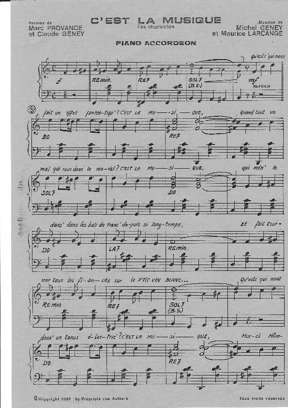 télécharger la partition d'accordéon C'est la musique (1er + 2ème Accordéon) (Fox Charleston) au format PDF