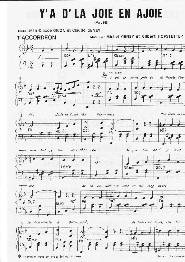 télécharger la partition d'accordéon Y a d' la joie en Ajoie (1er + 2ème Accordéon) (Valse) au format PDF
