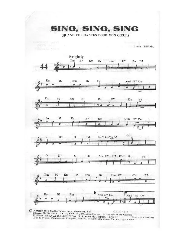télécharger la partition d'accordéon Sing sing sing (Quand tu chantes pour mon cœur)  au format PDF