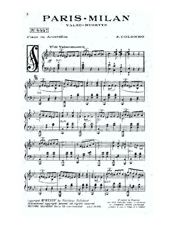 télécharger la partition d'accordéon Paris Milan (Valse Musette) au format PDF
