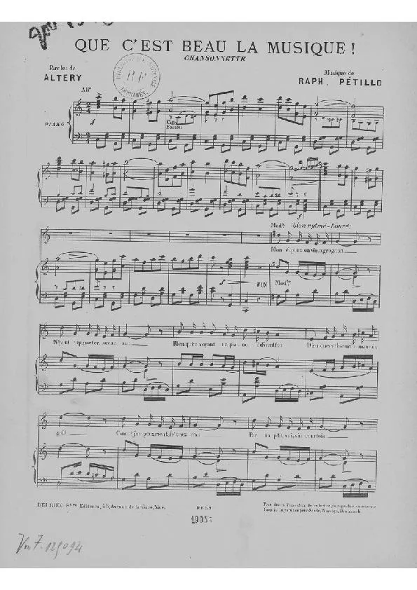 télécharger la partition d'accordéon Que c'est beau la musique (Chansonnette) au format PDF