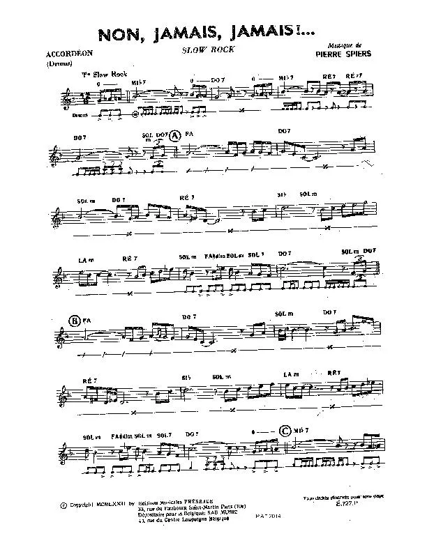 télécharger la partition d'accordéon Non Jamais Jamais (Slow Rock) au format PDF