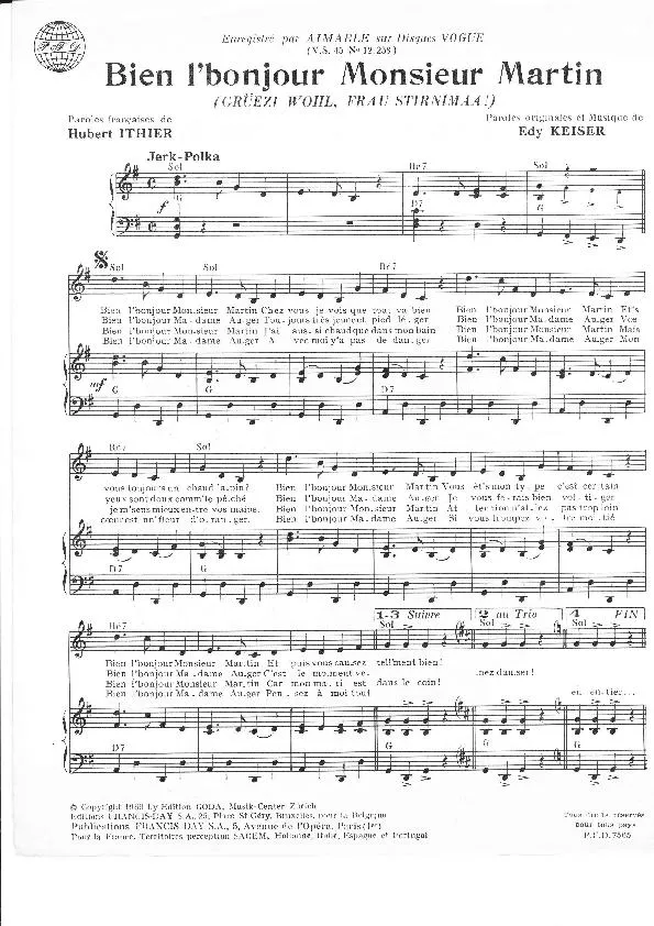 télécharger la partition d'accordéon Bien l' bonjour Monsieur Martin (Grüezi wohl Frau Stirnimaa) (Jerk Polka) au format PDF