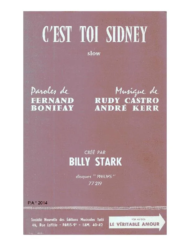 télécharger la partition d'accordéon C'est toi Sidney (Chant : Billy Stark) (Orchestration Complète) (Slow) au format PDF