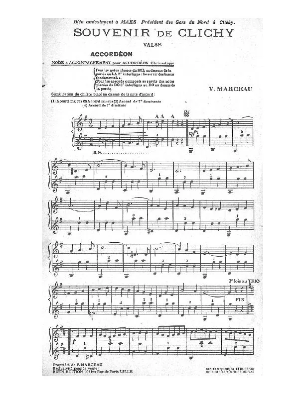 télécharger la partition d'accordéon Souvenir de Clichy (Valse) au format PDF