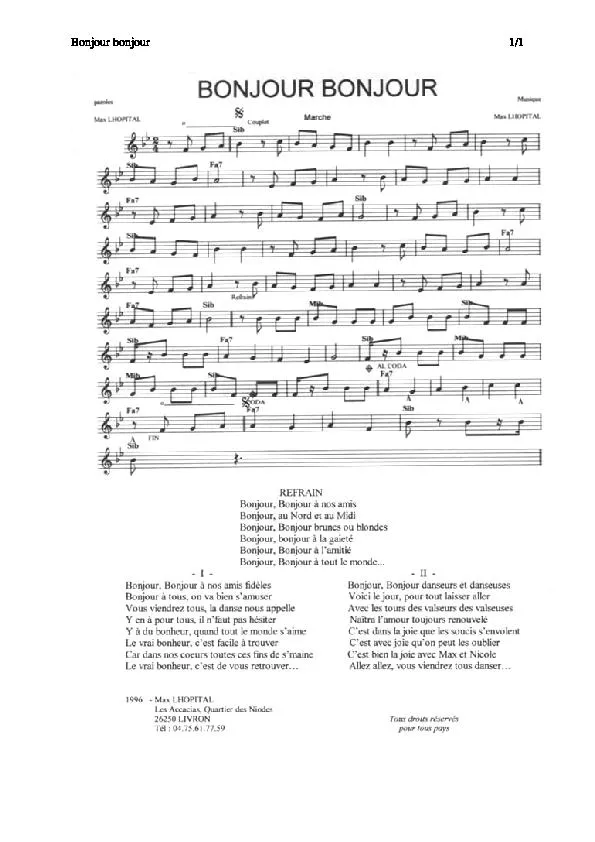 télécharger la partition d'accordéon Bonjour Bonjour (Marche) au format PDF
