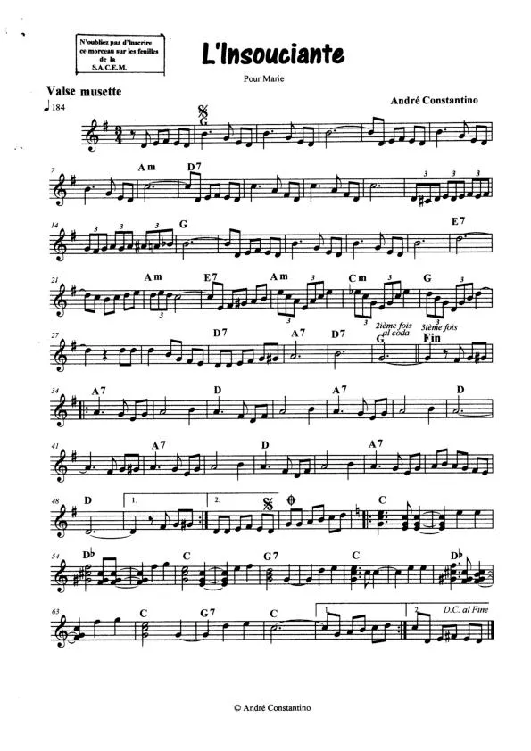 télécharger la partition d'accordéon L'insouciante (Valse Musette) au format PDF