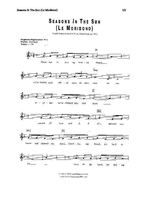 télécharger la partition d'accordéon Seasons in the sun (Le Moribond) au format PDF