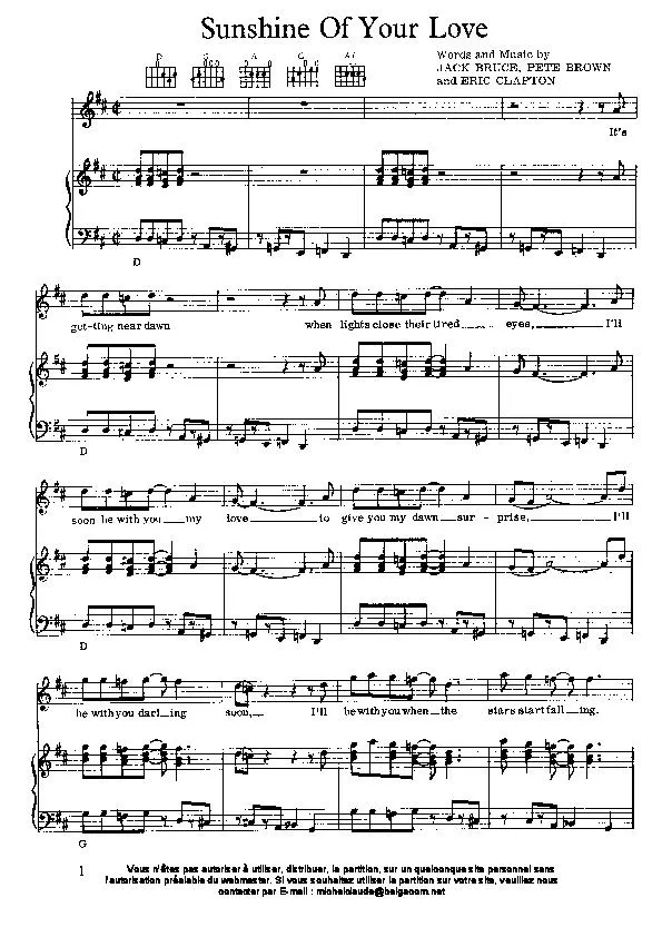 télécharger la partition d'accordéon Sunshine of your love au format PDF