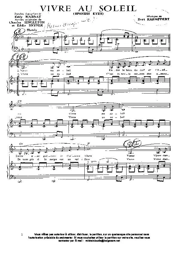 télécharger la partition d'accordéon Vivre au soleil (Spanish eyes) (Slow) au format PDF