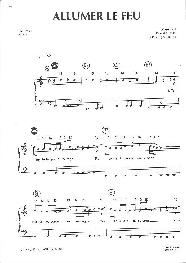 télécharger la partition d'accordéon Allumer le feu (Chant : Johnny Hallyday) au format PDF