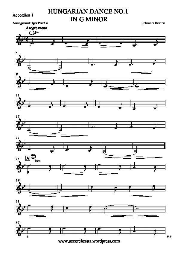 télécharger la partition d'accordéon Hungarian dance n°1 in G minor (Danse Hongroise n°1 en sol mineur) (Arrangement : Igor Paroski) (Orchestration Complète) au format PDF