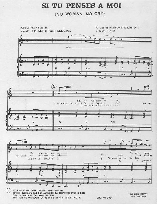télécharger la partition d'accordéon Si tu penses à moi (No Woman No Cry) au format PDF