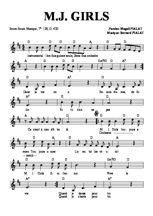 télécharger la partition d'accordéon M J Girls (Boum Boum Musique) au format PDF