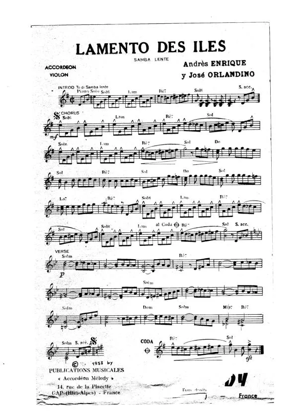 télécharger la partition d'accordéon Lamento des îles (Samba Lente)  au format PDF