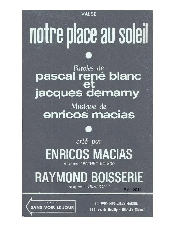 télécharger la partition d'accordéon Notre place au soleil (Orchestration Complète) (Valse Chantée) au format PDF
