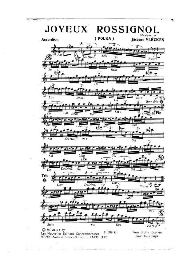 télécharger la partition d'accordéon Joyeux Rossignol (Polka) au format PDF