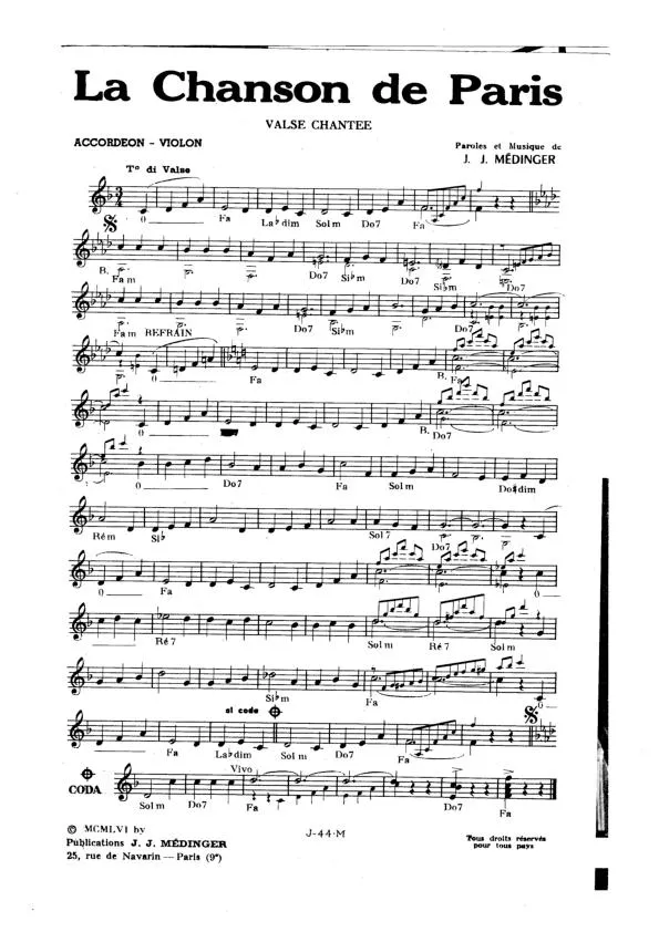 télécharger la partition d'accordéon Chanson de Paris (Valse Chantée) au format PDF