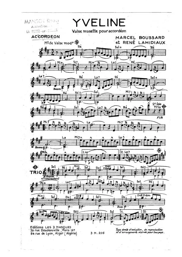 télécharger la partition d'accordéon Yveline (Valse Musette) au format PDF