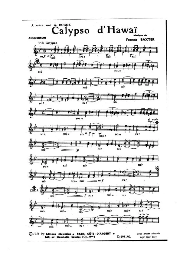 télécharger la partition d'accordéon Calypso d'Hawaï au format PDF