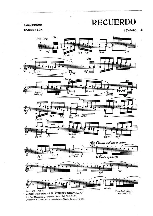 télécharger la partition d'accordéon Recuerdo de Gaucho (Arrangement : Ernest Léardée) (Tango) au format PDF