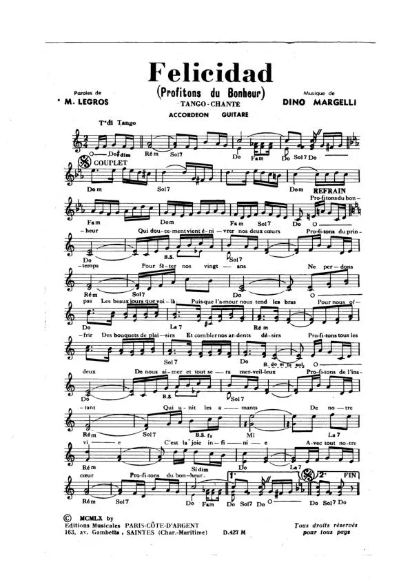 télécharger la partition d'accordéon Felicidad (Profitons du bonheur) (Tango Chanté) au format PDF