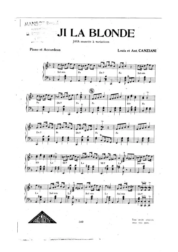 télécharger la partition d'accordéon Ji la blonde (Java Musette à Variations) au format PDF