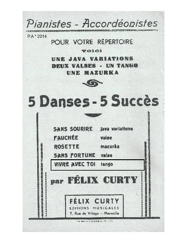 télécharger la partition d'accordéon Vivre avec toi (Tango) au format PDF
