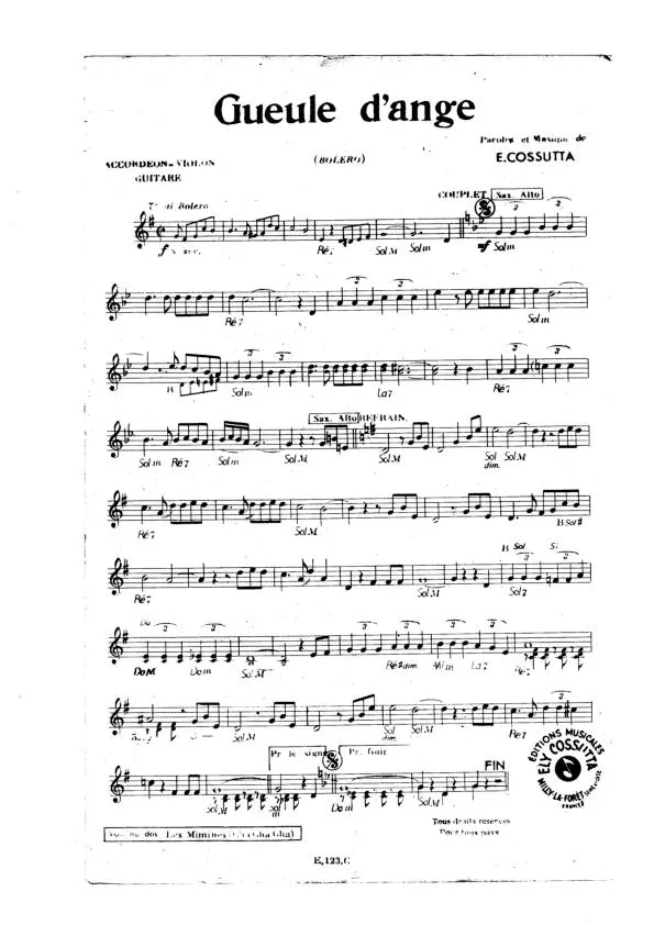 télécharger la partition d'accordéon Gueule d'ange (Orchestration Complète) (Boléro) au format PDF